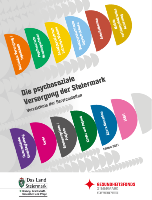 Titel "Die psychosoziale Versorgung der Steiermark - Verzeichnis der Servicestellen" mit bunten Unterkapiteln