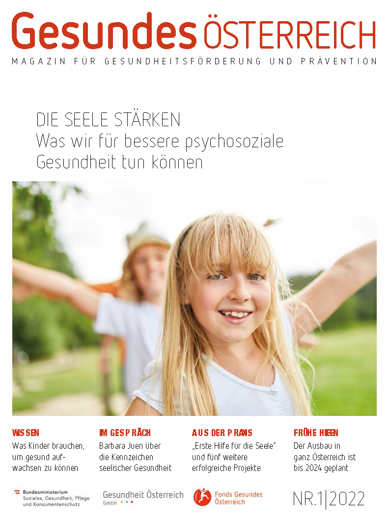 Titelbild des FGÖ-Magazins zur psychischen Gesundheit. Ein kleines Mädchen mit langen blonden Haaren und weißem T-Shirt.