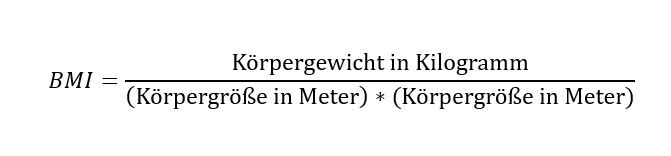 Formel zur Berechnung des Body-Mass-Index (BMI) auf Deutsch: BMI = Körpergewicht in Kilogramm dividiert durch (Körpergröße in Meter) zum Quadrat.