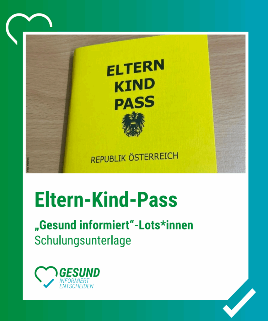 Handout des Eltern Kind Passes. Abgebildet ist ein gelbes kleines Heft mit der Aufschrift Eltern Kind Pass Republik Österreich