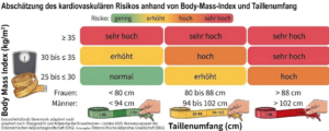 Die Grafik zeigt das Risiko für Herz-Kreislauf-Erkrankungen anhand von Body-Maß-Index und Taillenumfang.